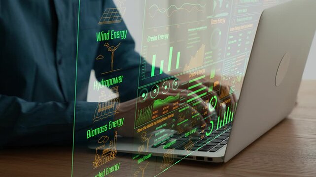 A modern digital interface showcasing various renewable energy solutions, including wind, hydro, and biomass, designed for future sustainable development and analytics. Cipher