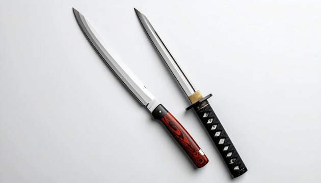 Two Japanese Swords Katana and Wakizashi on White Background.