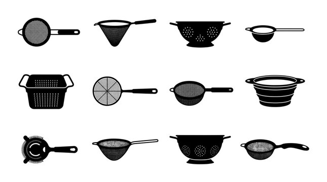 Kitchen Strainers and Sieves Collection, 12 Vector Icons for Food Preparation, Cooking Utensils Set, Culinary Tools for Draining and Filtering