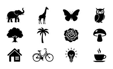 Fototapeta premium Set of 12 Black Silhouette Icons: Elephant, Giraffe, Butterfly, Owl, Tree, Palm Tree, Rose, Mushroom, House, Bicycle, Lightbulb, Coffee Cup. Simple Vector Graphics for Design.