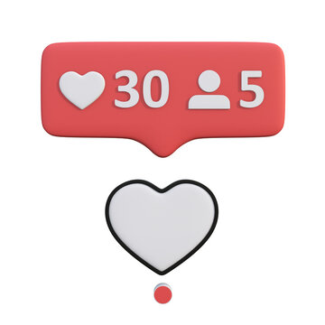 3D Rendered Social Media Engagement Notification Icon Set Featuring Hearts and Follower Count Counters