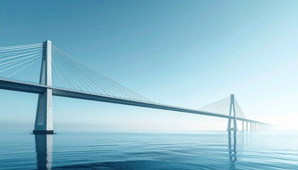 Obraz premium Modern Cable-Stayed Bridge Spanning Vast Ocean Under Clear Blue Sky.