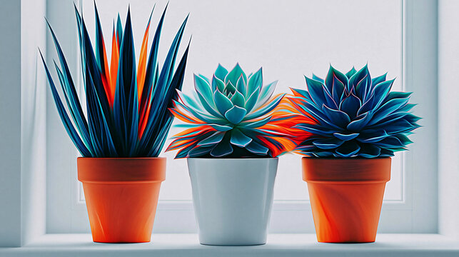 Colorful Potted Succulents on Windowsill with Bright Light