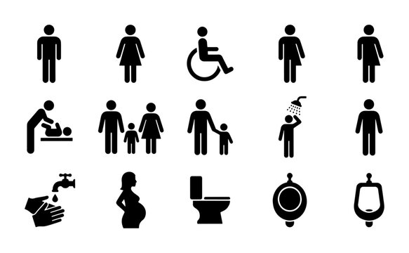 Modern Icon Set: Diverse People, Restroom Symbols, Accessibility, Family, Baby Care, Hygiene, Pregnancy, Urinal, Toilet, Shower, Lavatory, Public Facilities