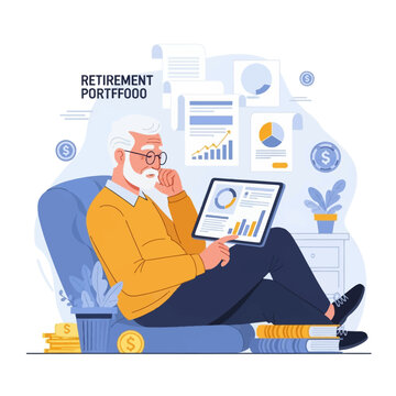 Senior man in glasses sitting in an armchair reviewing retirement portfolio on a digital tablet with financial charts, graphs, documents, coins, and books in flat vector style.