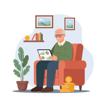 Senior man sitting in red armchair holding tablet with financial charts. Gold coins stacked on floor. Modern vector illustration of retirement planning and investment tracking.