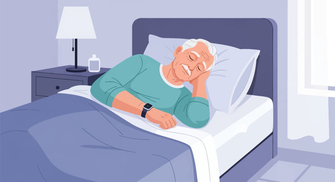 Vector illustration of an elderly man with white hair sleeping peacefully in a comfortable bed with a blue blanket, wearing a smartwatch and teal pajamas in a dim bedroom setting.