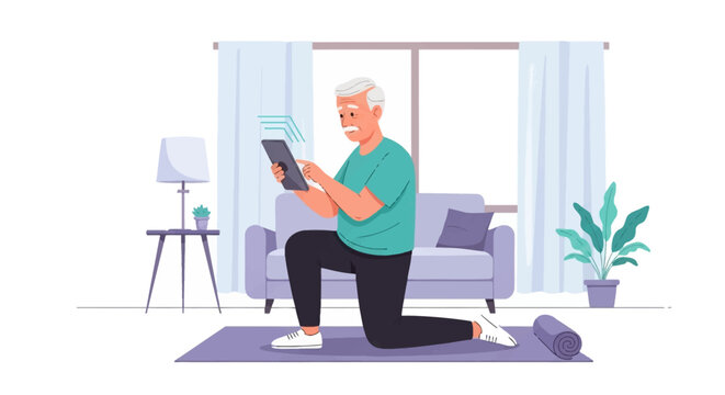 Senior man with grey hair and mustache kneeling on a yoga mat in a living room, using a tablet to follow a fitness app or digital workout routine near a couch and window.