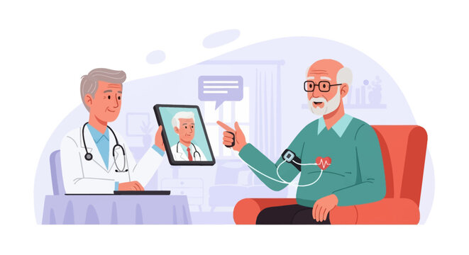 Senior man using wearable blood pressure monitor during telemedicine consultation on tablet. Flat vector illustration of remote patient monitoring, digital health, and geriatric care.