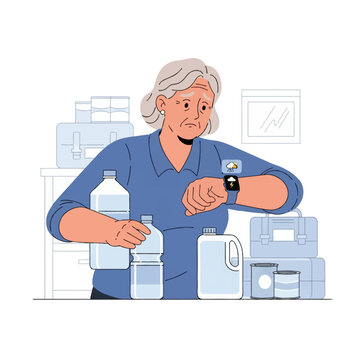 Senior woman checking storm warning on smartwatch while organizing emergency supplies including water bottles, canned food, and first aid kits for disaster preparedness.