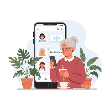 Senior woman with gray bun hair and glasses holding a smartphone and cup of tea, messaging app interface background with voice message icon and indoor plants vector illustration.