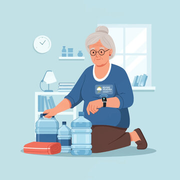 Flat vector illustration of a senior woman with glasses preparing water bottles and emergency supplies after receiving a severe weather alert on her smartwatch and digital notification.
