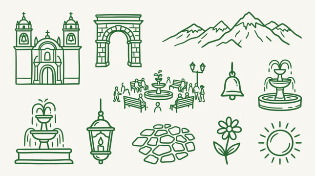 Collection of hand-drawn line art icons representing landmarks and elements of a town square or city.