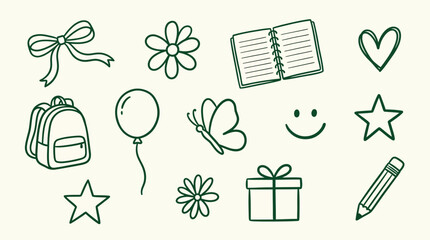 Collection of hand-drawn icons representing school, celebration, and creativity elements on a light background. © logan