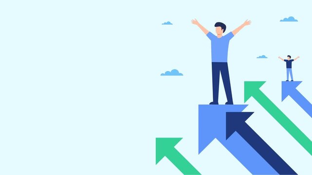 Successful businessman celebrating on top of arrows animation