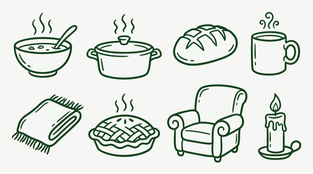 Cozy Autumn and Winter Comfort Icons: Soup, Pie, Blanket, Armchair, Candle, Bread, and Hot Drink.