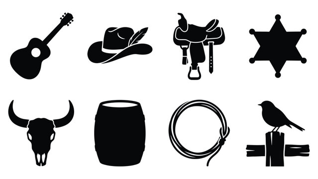 Western cowboy silhouette vector clipart set with guitar, hat, saddle, sheriff badge, and lasso