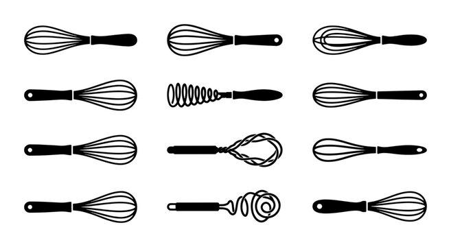 Set of 12 Diverse Whisk Icons, Kitchen Utensil Vector Graphics, Baking and Cooking Tool Illustrations, Black and White Simple Design Elements