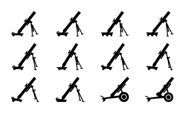 Mortar Weapon Silhouettes, Military Artillery Icons, Infantry Support Firearm Vector Set, Combat Equipment Graphics