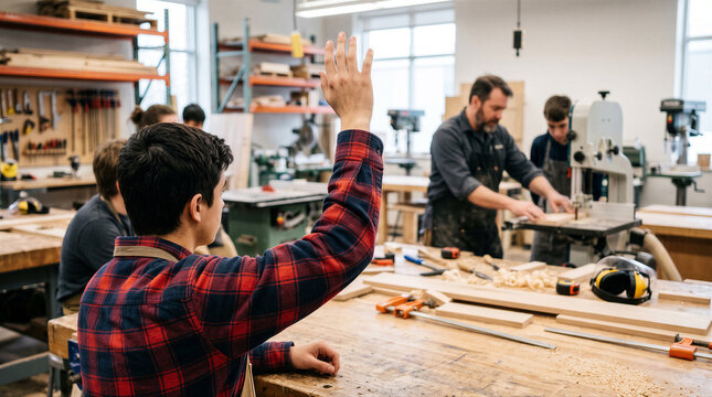 High school students in a woodworking class learning how to use tools and machinery from their teacher in a workshop setting