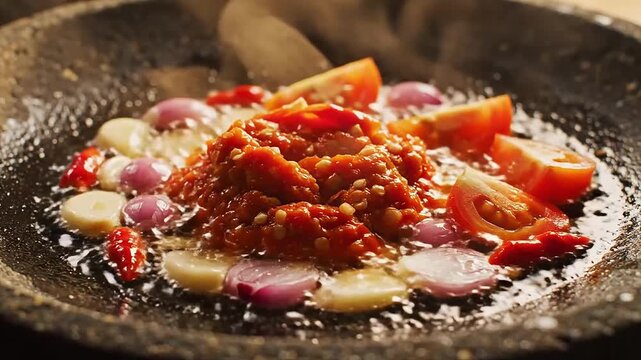 Fresh Indonesian sambal slowly cooking with chilies, garlic, and shallots in a rich aromatic blend.
