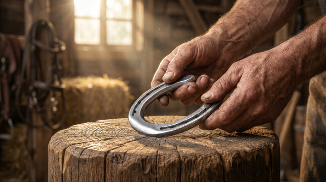 Closeup of a blacksmiths weathered hands holding a freshly forged iron horseshoe on a wooden stump in a rustic workshop setting