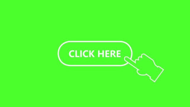 Animated click here button with interactive hand cursor pointer clicking on a modern rounded ui isolated on a bright green chroma key background, for easy digital, marketing integration