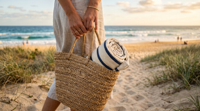 Woman carrying a straw beach bag with a rolled striped towel at sunset on a sandy beach with ocean waves in the background
