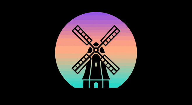 Retro Windmill Silhouette Sunset Circle - Vintage 80s Synthwave Style