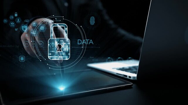 This image illustrates a digital security concept, featuring a laptop with a lock symbol, emphasizing the importance of data protection and cybersecurity measures in technology. Qubit