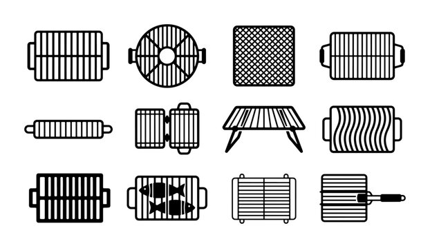 Barbecue Grill Grates Collection, 12 Vector Icons for Outdoor Cooking and Grilling, Simple Line Art for Food Preparation and Summer Events