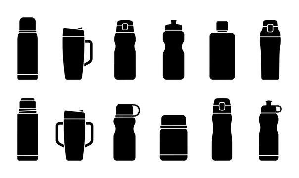 Collection of 12 Black Silhouette Icons for Water Bottles, Thermos Flasks, and Travel Mugs, Vector Graphics for Hydration and Beverage Containers