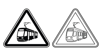 Tram Warning Sign Black And White Line Art Illustration © EMON