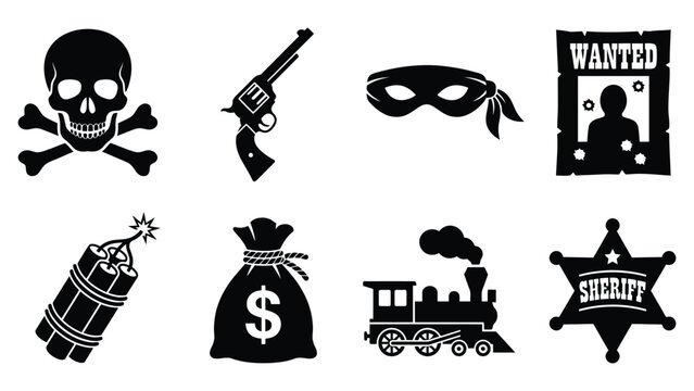 Wild West vector clipart set with cowboy icons, sheriff badge, wanted poster, and train