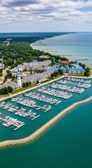 Obraz premium Aerial View of Marina and Coastal Resort with Boats and Lush Greenery.