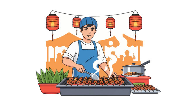 Vector illustration of a male chef cooking meat satay skewers on a portable grill at an Asian night market with hanging red lanterns and market stall silhouettes.