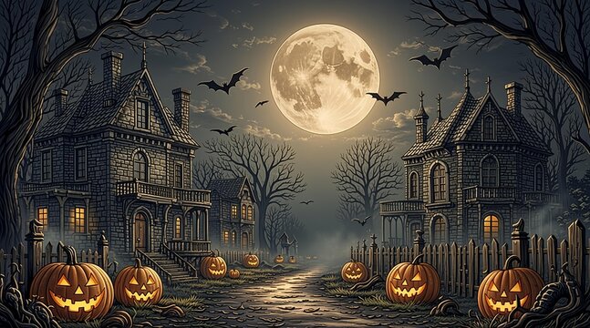 Spooky Halloween landscape featuring haunted houses, glowing jack-o'-lanterns, and flying bats under a full moon in a misty dark forest setting