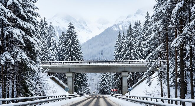 Snowy Mountain Road with Bridge and Pine Trees in Winter.