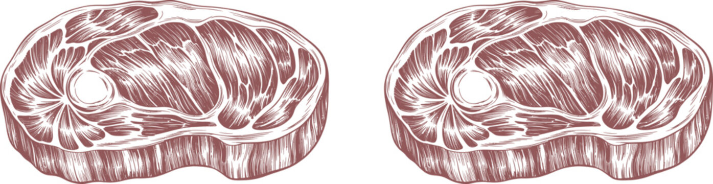 Steak cuts, raw meat, beef steaks, vector illustration, red and white, butcher shop