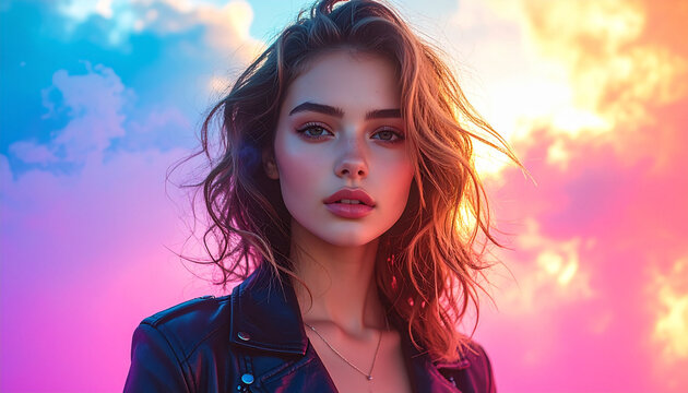 Woman with windswept hair in front of colorful sky