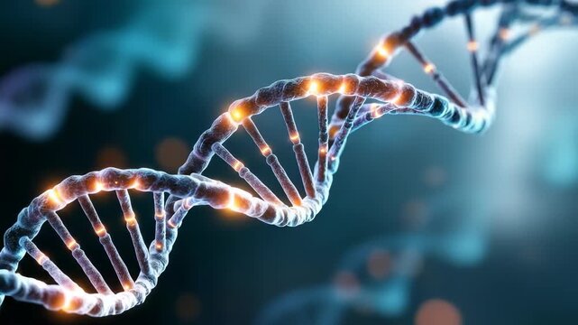 A detailed visualization of a DNA strand highlights molecular biology and genetic engineering concepts. The glowing helix represents advancements in science, medicine, and biotechnology fields