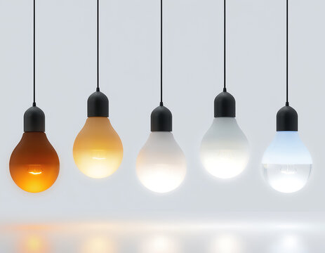 Row of light bulbs hangin from ceiling showing different color temperatures from warm orange to cool blue on dark background with AI.
