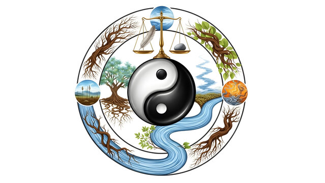 Realistic karma concept illustration featuring yin-yang and circular balance elements, symbolizing harmony and cause and effect.