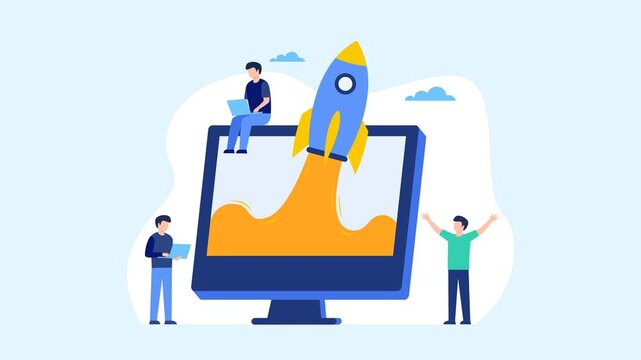 Business startup rocket launching from computer monitor animation