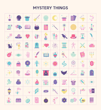 Minimal mystery icon collection featuring magical objects, occult symbols, witchcraft tools, fortune telling, fantasy, and mystical elements.