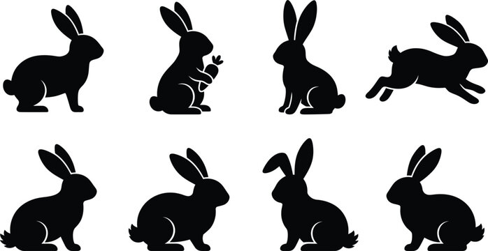 Set of rabbit silhouettes vector graphics featuring various bunny poses and shapes isolated on white background