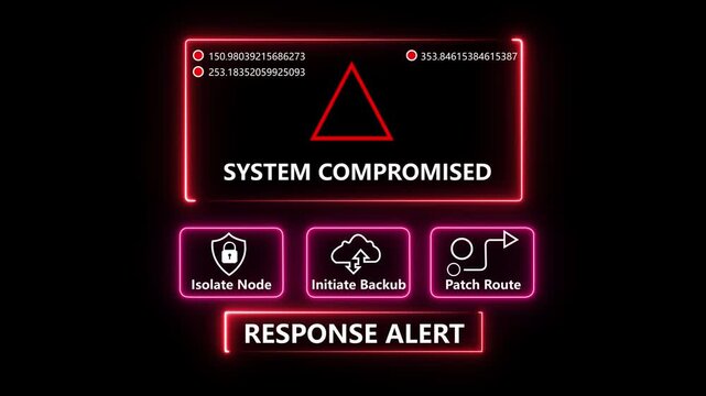 Cybersecurity system compromised warning interface with glowing red neon alert digital data breach notification, network security threat detection, and emergency response command control panel