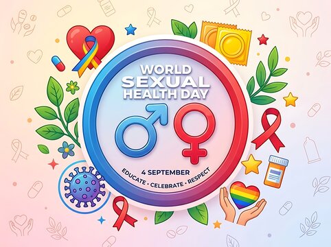 Colorful world sexual health day celebration poster with icons and symbols for education awareness campaign illustration