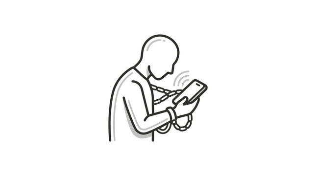 Person chained to smartphone representing mobile phone addiction.
