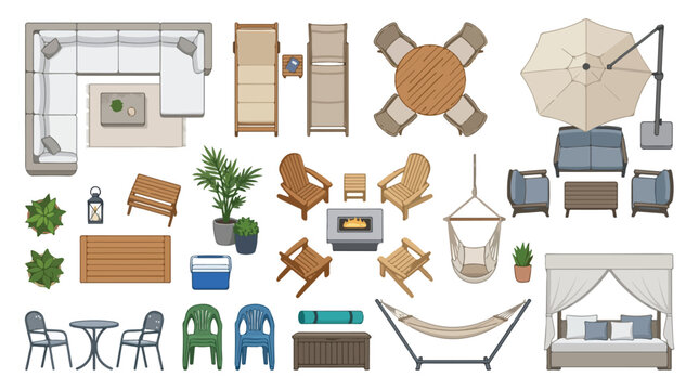 Modern patio furniture set from top view, outdoor garden furniture collection for landscape design, backyard terrace decor elements in flat vector style